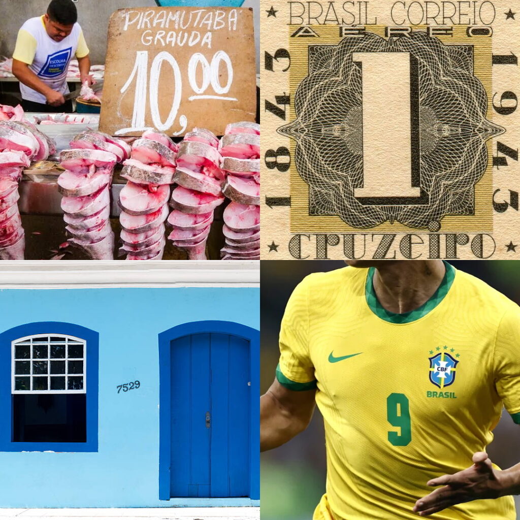 A selection of images showing numbers in Brazil, including at a market, on a postage stamp, a house number and on a football shirt